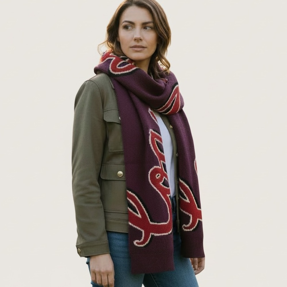 Coach Script Print Oxblood Muffler Wool Blend Oversized Scarf 72” x 12” NWT